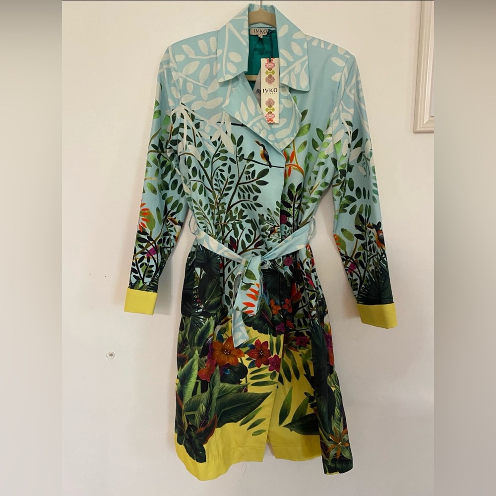 Ivko Coat Trench-Coat Tropical Pattern Belt Blue Yellow